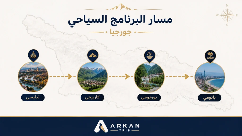 خريطة توضح مسار برنامج سياحي في جورجيا يربط بين تبليسي وكازبيجي وبورجومي وباتومي من أركان تريب.