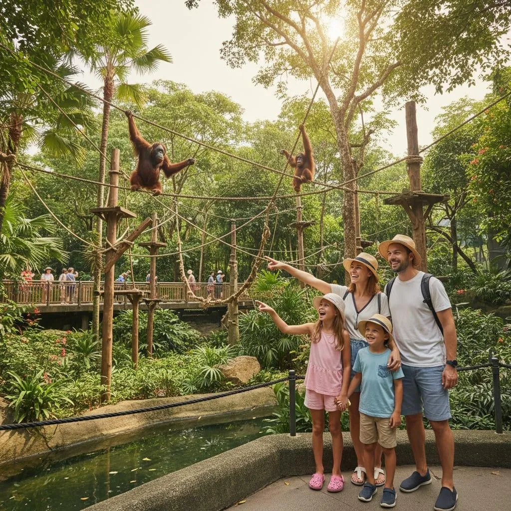 عائلة تشاهد إنسان الغاب والحيوانات في حديقة حيوان سنغافورة Singapore Zoo للأطفال